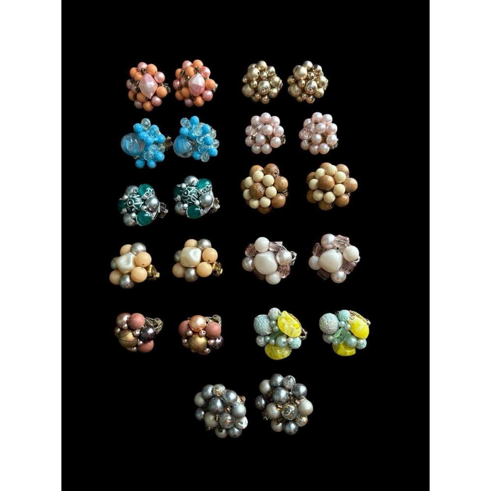 Vintage Beaded Cluster Clip On Earrings Lot 11 Japan, Hong Kong